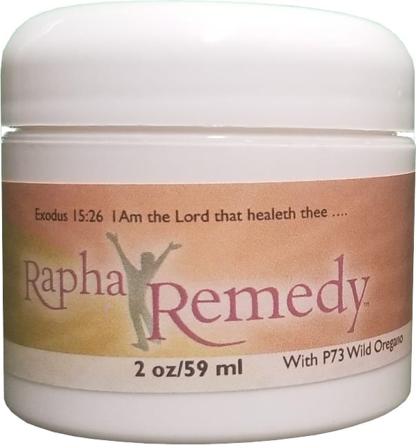 A jar of Rapha Remedy with P73 Wild Oregano on a white background.