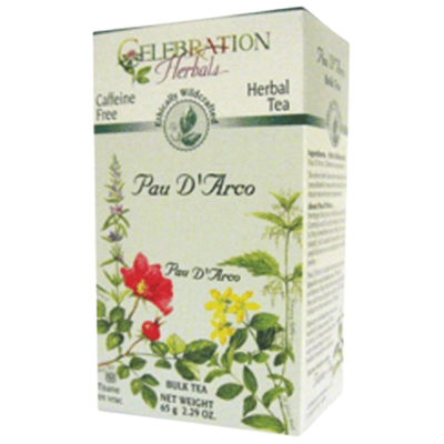 A box of Pau d'Arco Tea with flowers and herbs.