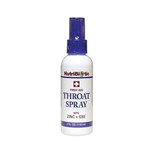 A bottle of Throat Spray with Zinc & GSE on a white background.