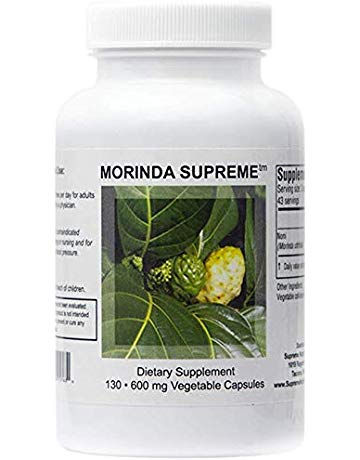 Noni capsules (Morinda Supreme) on a white background.