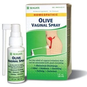 Olive Vaginal Spray with a box.