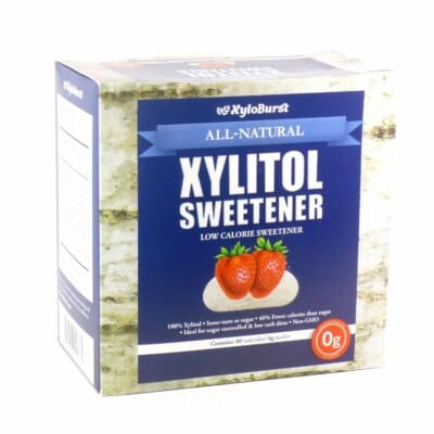 A box of XyloBurst Xylitol Packets 50 Packets sweetener.