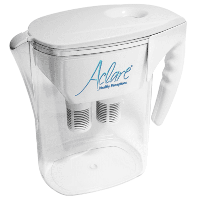 A Aclare Water Pitcher with the word aloe on it.
