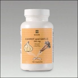 A bottle of Carrot and Garlic capsules.