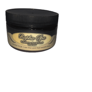 A jar of Rapha Spa Exfoliating Facial Scrub with a black lid.