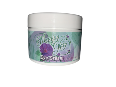 A jar of Morning Glory Eye Cream with purple flowers on it.