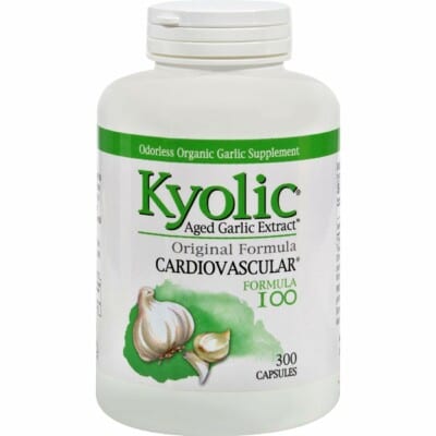 A bottle of Kyolic Garlic Original Formula Cardiovascular capsules.