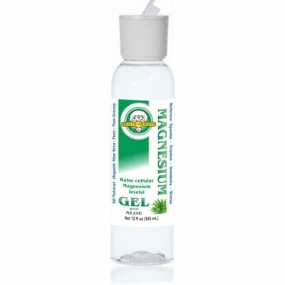 A bottle of Magnesium Gel With Aloe Vera on a white background.