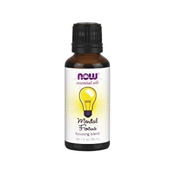 A bottle of Mental Focus Blend essential oil with a light bulb on it.