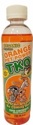A bottle of Orange TKO Pet Power on a white background.