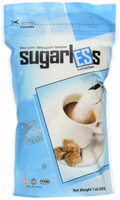 A bag of Sugarless Erythritol / Stevia with a cup of coffee.