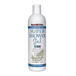 A bottle of Super Shower Gel on a white background.