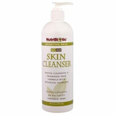 A bottle of Non-Soap Sensitive Skin Cleanser on a white background.