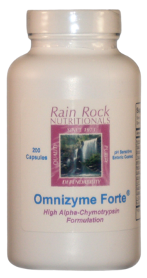 A high potency bottle of OMNIZYME FORTE, 200 Caps, a proteolytic supplement.