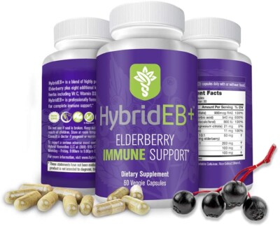 A bottle of Hybrid EB + Complete Elderberry Immune Support supplement with a bottle of elderberry.